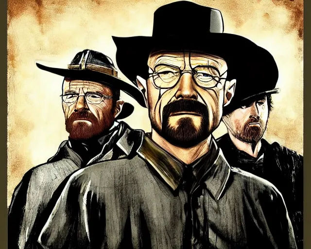Image similar to Walter White having an old west draw with Jesse Pinkman in the style of The Good, The Bad, and the Ugly