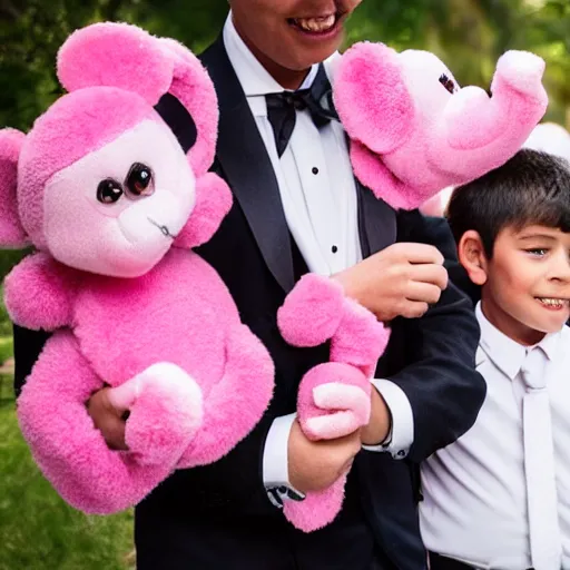 Prompt: little boy being taken away from family by a pink monkey wearing a black tie