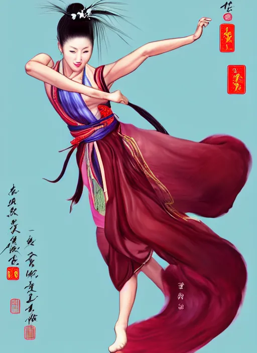 Prompt: full body portrait of a dancer throwing silk belts, feet, barefoot, full body, tanned, vivacious, athletic, hanfu, chinese ribbon dance, wide ribbons, silk belt, wuxia, martial arts, ming dynasty, detailed, realistic face, anatomically accurate, fantasy illustration, dnd, deviantart, artstation, wlop.