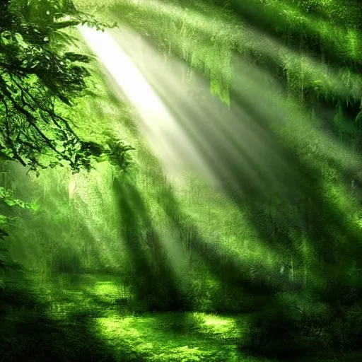 Image similar to A lush green forest in the morning; rays of light coming through the canopy; trending on artstation; extraordinary masterpiece!!!!!!