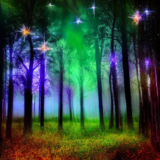 Prompt: old forest with glowing trees and glitter dust in cosmic color fog