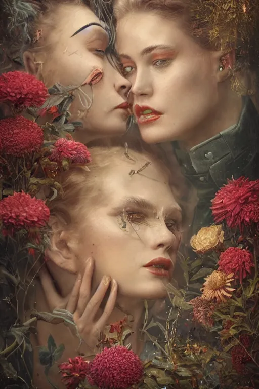 Prompt: a beautiful ultradetailed vintage photo of two angry cyborgs butting heads, by tom bagshaw and anna dittman, portrait, vignette, 8 5 mm lens, golden ratio composition, detailed faces, studio photography, very detailed, humanoids overgrown with flowers, industrial robots, artstation, 8 k, highly coherent