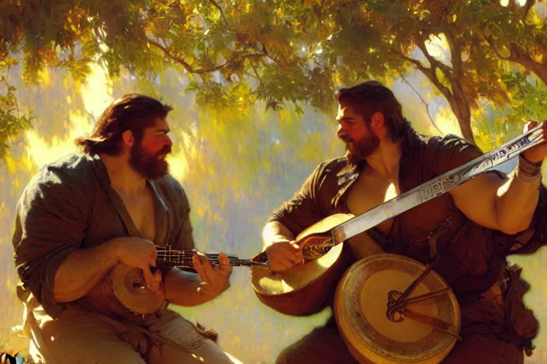 Image similar to 2 beefy attractive men playing music, painting by gaston bussiere, craig mullins, greg rutkowski, alphonse mucha