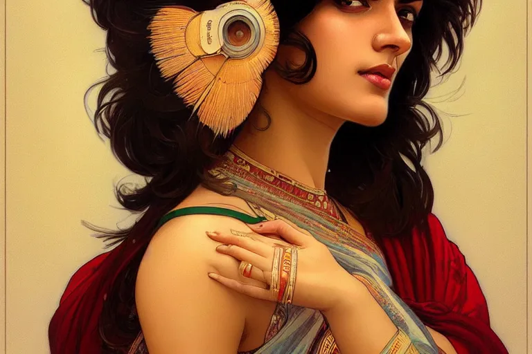 Image similar to sensual pale beautiful indian doctor in jeans, art deco portrait, elegant, intricate, digital painting, artstation, concept art, smooth, sharp focus, illustration, art by artgerm and greg rutkowski and alphonse mucha