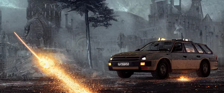 Prompt: Armored and Armed Military Audi 80 B3 Avant (1988) with a mounted M249 with soldiers on, Dark Souls 3, Eldritch Horrors, Wretched and Corrupted Knights, Battle, Fight, gunshots fired, a grim fantasy, Anor Londo, dramatic lighting, cinematic, establishing shot, extremely high detail, photorealistic, cinematic lighting, artstation, by simon stalenhag