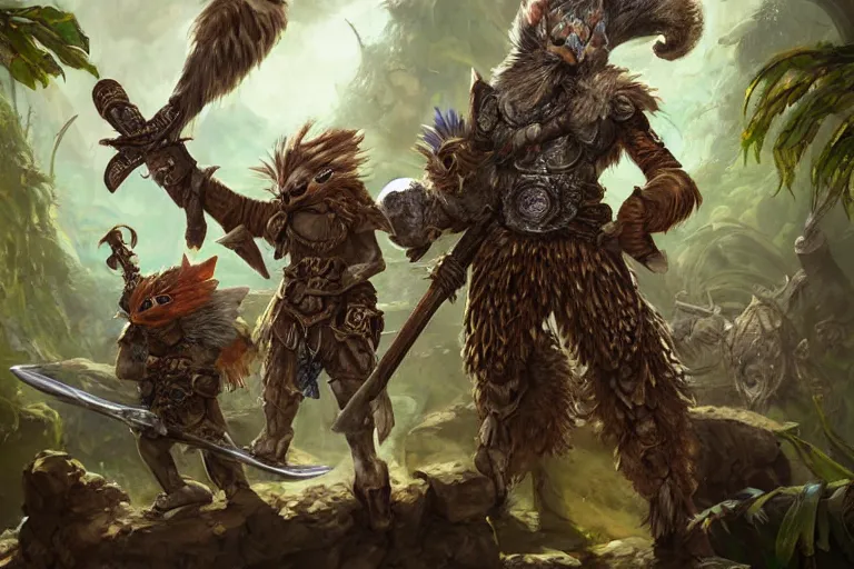Prompt: dungeons and dragons fantasy painting, close order phalanx of feathered mice spartans, 3 0 0, whimsical and cute, aztec, determined expressions, watery eyes, anime inspired, face paint, tufty whiskers, obsidian clubs, in the jungle, by brain froud jessica rossier and greg rutkowski