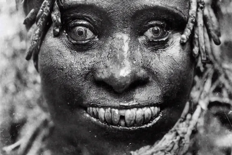 Image similar to a 1905 colonial closeup photograph of an African scary tribal voodoo ghost in a village at the river bank of Congo , Thick jungle,scary, evil looking, wide angle shot