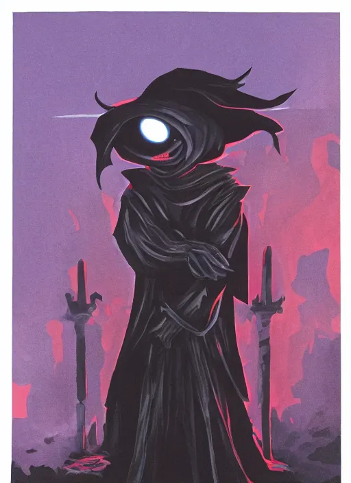 Prompt: dark gouache illustration of a character wearing a black robe, glowing eyes, 4 k, detailed