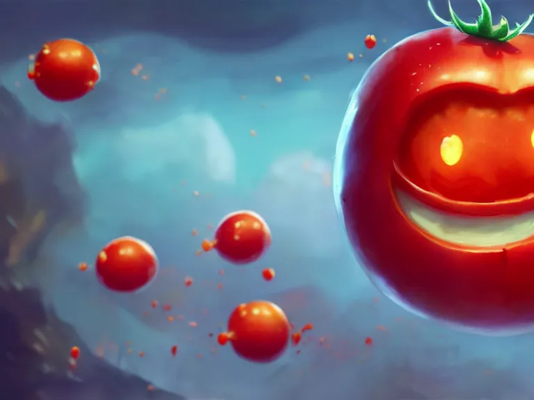 Prompt: a cute tomato with a smiley face, rule of thirds, ketchup gradient, league of legends splash art, by chengwei pan, huang guangjian, viktoria gavrilenko, artgerm, greg rutkowski, 8 k, octane, digital painting, artstation