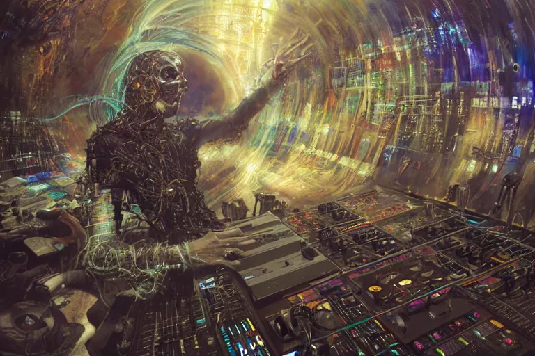 Prompt: a dynamic photo of a post apocalyptic angelic cyborg dj tweaking and playing synthesizers in the most complicated and technical spiral fractal musical studio, powerful, cinematic, beautifully lit, by donato giancola, by artgerm, by karol bak, 3 d, perfect face and body, trending on artstation, octane render, 8 k