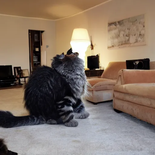 Prompt: a giant Main Coon cat destroyed a living room