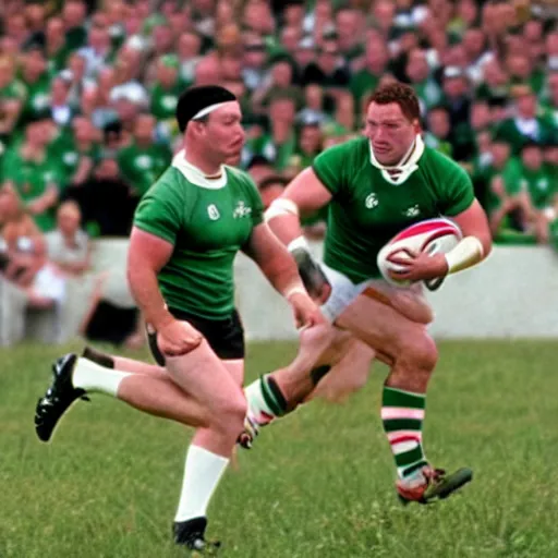 Image similar to photo of forrest gump playing rugby for the irish team