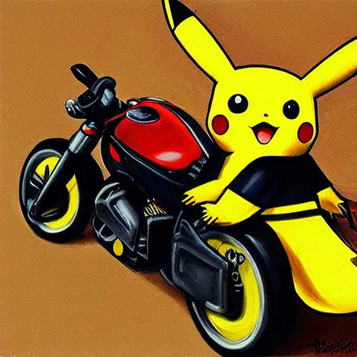 Prompt: pikachu riding motorcycle, nestor canavarro hyperrealist art style, sharp brushstrokes