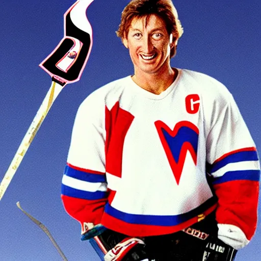 Prompt: Photo of Wayne Gretzky as a super hero, flying and holding a hockey stick in his hand, smiling, hyper realistic