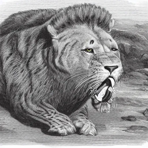 Image similar to a sabertooth cat, lion with huge walrus fangs, naturalist illustration