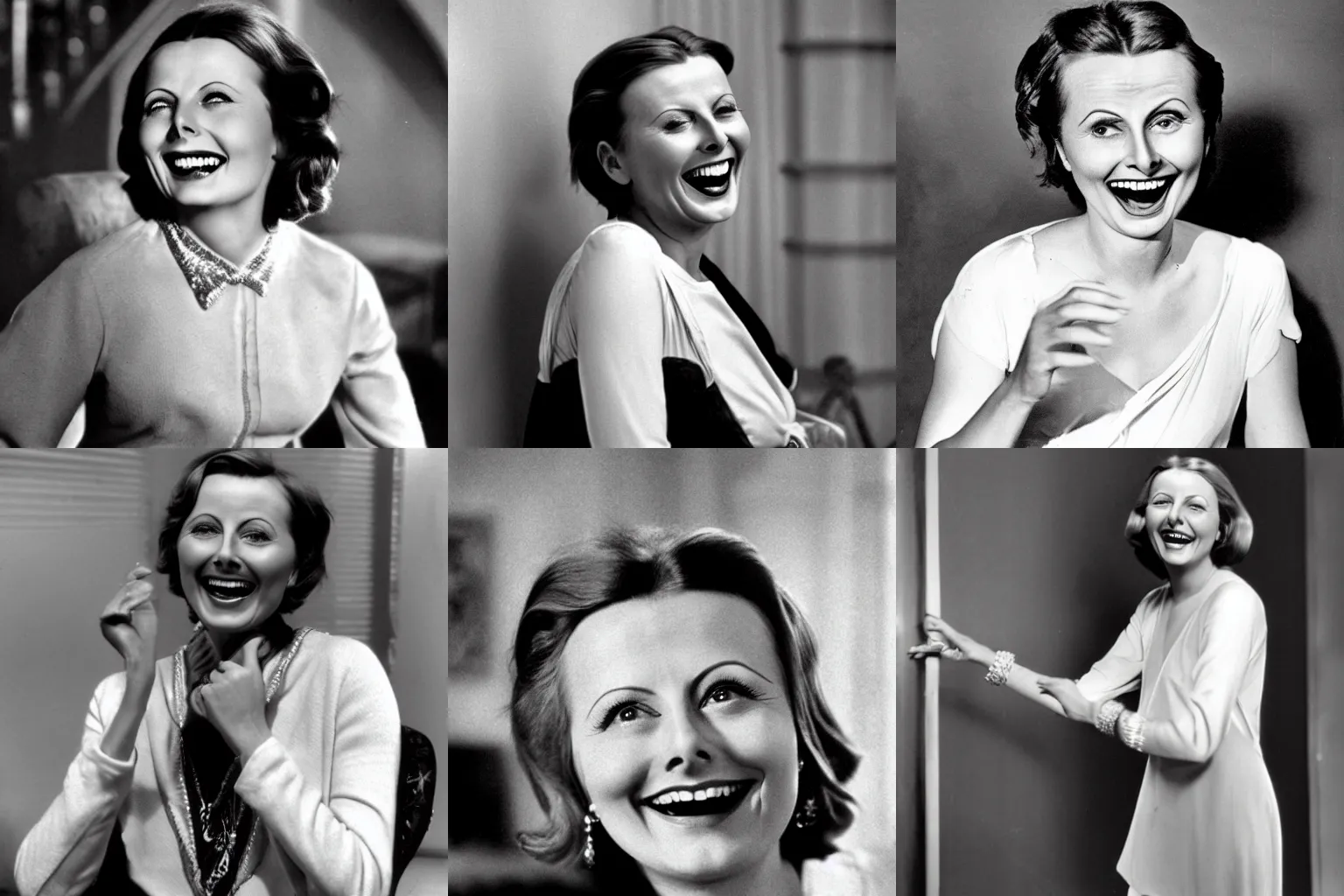 Prompt: Greta Garbo laughs