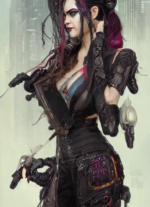 Image similar to a beautiful illustration of cyberpunk elven harley quinn, black hair, intricate, sharp focus, illustration, highly detailed, digital painting, concept art, matte, art by wlop and artgerm and greg rutkowski and alphonse mucha, masterpiece