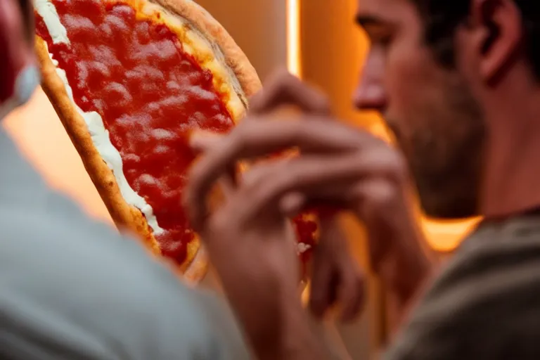 Image similar to Gaius Julius Caesar eating a slice of pizza from Little Caesars, cinematic, soft lighting, highly detailed, 8k