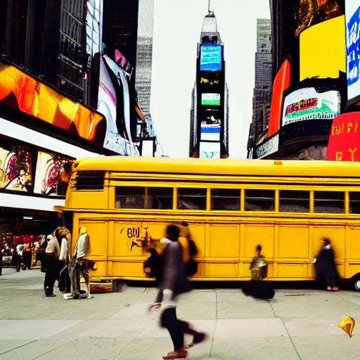 Image similar to yellow school bus being swallowed by giant snake, time square, cinematic, dramatic, film still