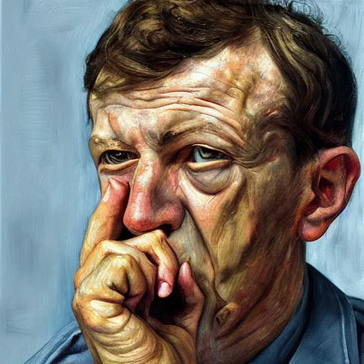 Image similar to high quality high detail painting by lucian freud, hd, portrait of a cop eating a donut, photorealistic lighting