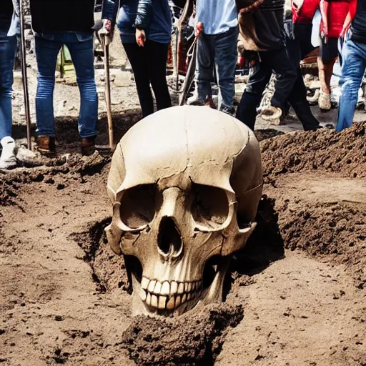 Prompt: photo of a giant skull being excavated in the middle of the city while the media gathers around it, trending on facebook, high definition, cinematic, 8 k