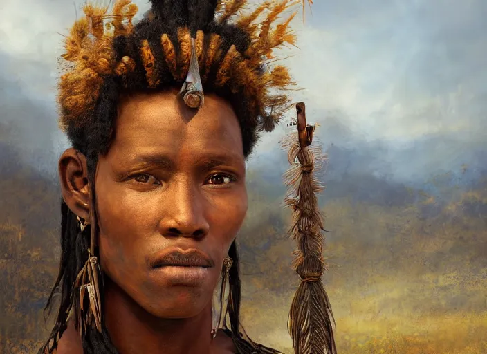 Prompt: a full head photoshot, detailed photograph of a dreaming massai warrior in a distance landscape, photorealism ultradetailed digital art, irina french, heraldo ortega, mandy jurgens, golden ratio, art canvas, award winning, masterpiece trending on artstation 8 k 1 5 0 mpx, hasselblade wide shot