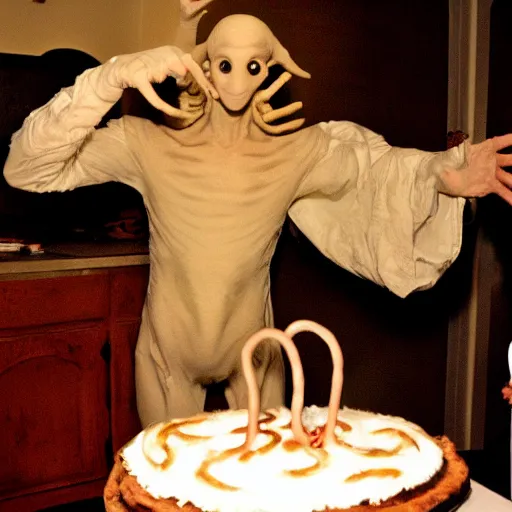 Prompt: the pale man from pan's labyrinth at a birthday party