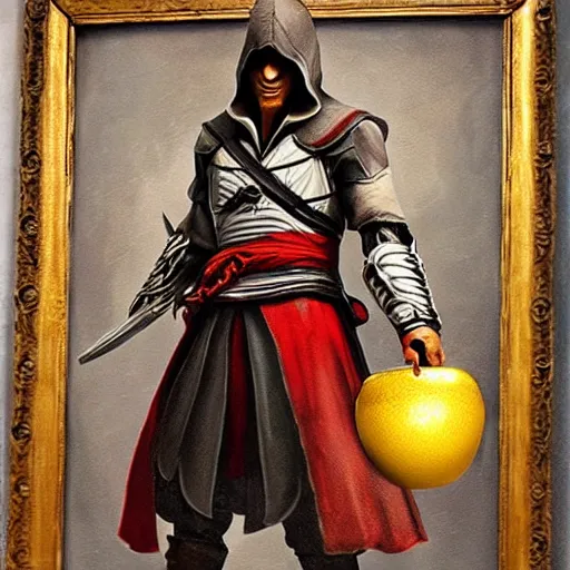 Prompt: painting of ezio auditore holding a golden apple