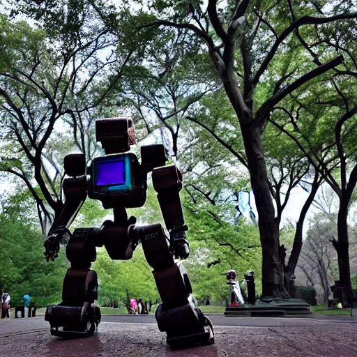 Prompt: a run down battle robot patrolling Central Park