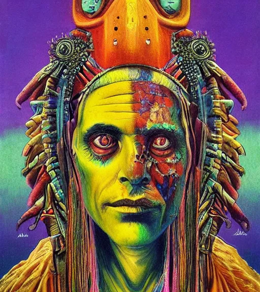 Image similar to Portrait painting in a style of Beksinski mixed with Alex Grey of an old shaman dressed in a colorful traditional clothes.