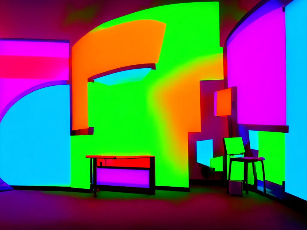 Image similar to room with overlaping curved translucent screens projecting art, large colorful art, pixel perfect image, high contrast, volumetric lighting, tiny neon light, chair, user, pair of keys