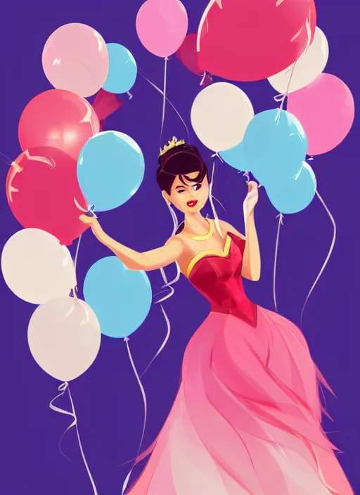 Prompt: woman resembling selena gomez dressed as a disney princess. balloons. clean cel shaded vector art. shutterstock. behance hd by lois van baarle, artgerm, helen huang, by makoto shinkai and ilya kuvshinov, rossdraws, illustration,