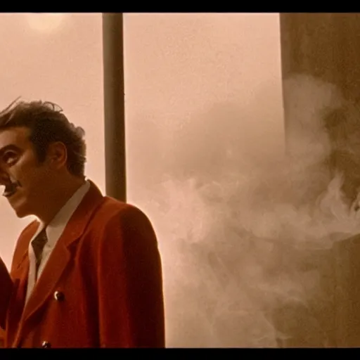 Image similar to Mario smoking a cigarette in a spooky Federico Fellini film aesthetic!!!