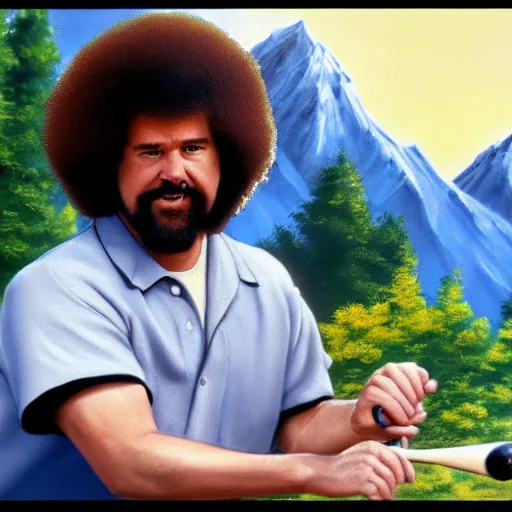 Image similar to a closeup photorealistic photograph of bob ross painting an image of kenny powers pitching a baseball on a canvas. mountains and trees. film still. brightly lit scene. this 4 k hd image is trending on artstation, featured on behance, well - rendered, extra crisp, features intricate detail, epic composition and the style of unreal engine.