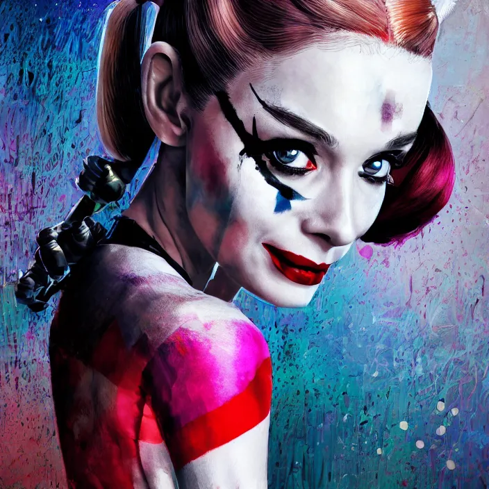 Image similar to portrait of Audrey Hepburn as a harley quinn in Suicide Squad. intricate abstract. intricate artwork. by Tooth Wu, wlop, beeple, dan mumford. octane render, trending on artstation, greg rutkowski very coherent symmetrical artwork. cinematic, hyper realism, high detail, octane render, 8k, iridescent accents