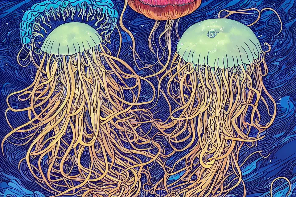 Prompt: a beautiful ultradetailed comic cover art of a gigantic glowing layered jellyfish creatures with long flowing tendrils, by Laurie Greasley and Peter Mohrbacher and Quentine Mabilles and Dan Mumford, tarot card art, detailed, dramatic lighting