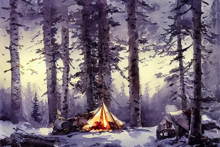 Image similar to small centered on white watercolor paper, paint brush strokes, abstract watercolor painting of scandinavian hunter tent camp, smoking log fire, birch tree forest, nightfall sharp light, cinematic light, american romanticism by hans dahl, by jesper ejsing, by anders zorn, by greg rutkowski, by greg manchess, by tyler edlin