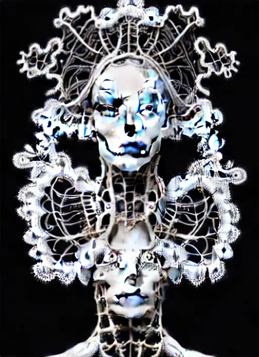 Image similar to surreal black and white photo portrait of complex bio-mechanical beautiful young female vegetal-cyborg with a Mandelbrot fractal steampunk metal fine lace face, a very long neck and a fine metal floral foliage super big lace collar by Alexander McQueen:: high fashion, haute couture, rococo, steampunk, silver filigree details, anatomical, facial muscles, cable wires, microchip, elegant, dreamy, foggy, hyper realistic, 150 mm lens, soft rim light, octane render, unreal engine, picture was taken in 1910 by Dora Maar, volumetric lighting, dramatic light,8k,