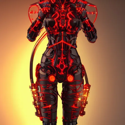 Image similar to cybernetic female warrior with glowing red heaphones and glowing red intricate sigils of death covering her body, intricate detail, finely detailed, small details, extra detail, trending on artstation, high resolution, 3D