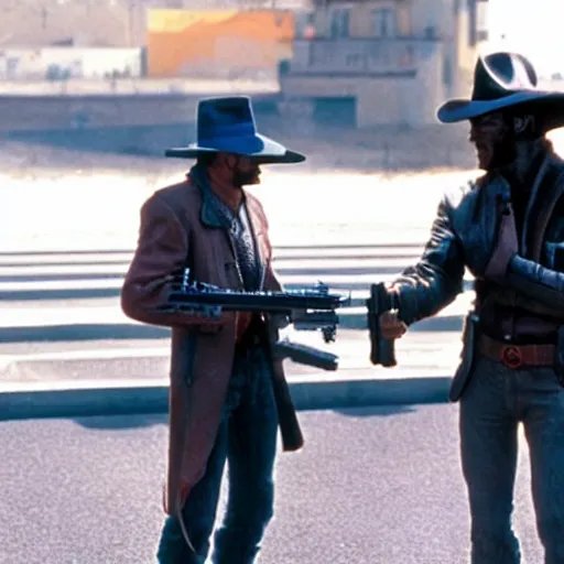 Image similar to duel between cad bane and clint eastwood on the vallecas bridge