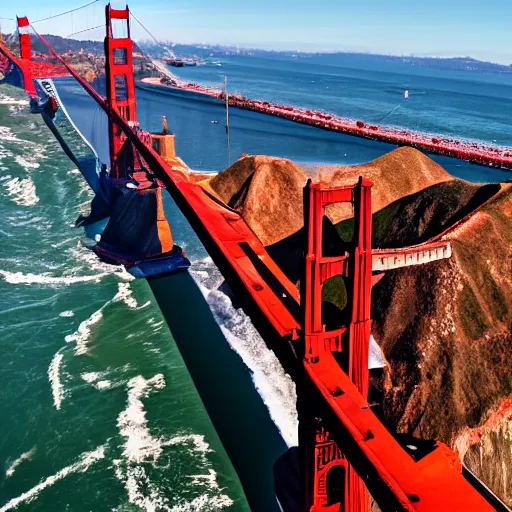 Image similar to a crumbling golden gate bridge, still