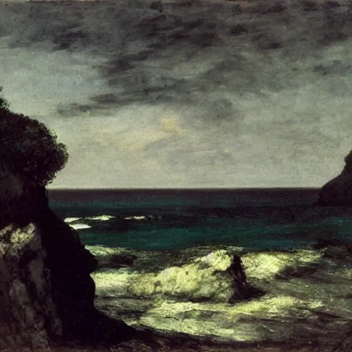 Image similar to Courbet's late landscapes and seascapes can look especially unbelievable: waves, solid like sapphire or granite; pine forests dense and frozen like the rocks of the Ardennes. In a work like ''Black Rocks,'' the atmosphere is viscous, the light of the orange sky hanging, tangibly, like seaweed, on the water and shore: a portentous image, full of longing.