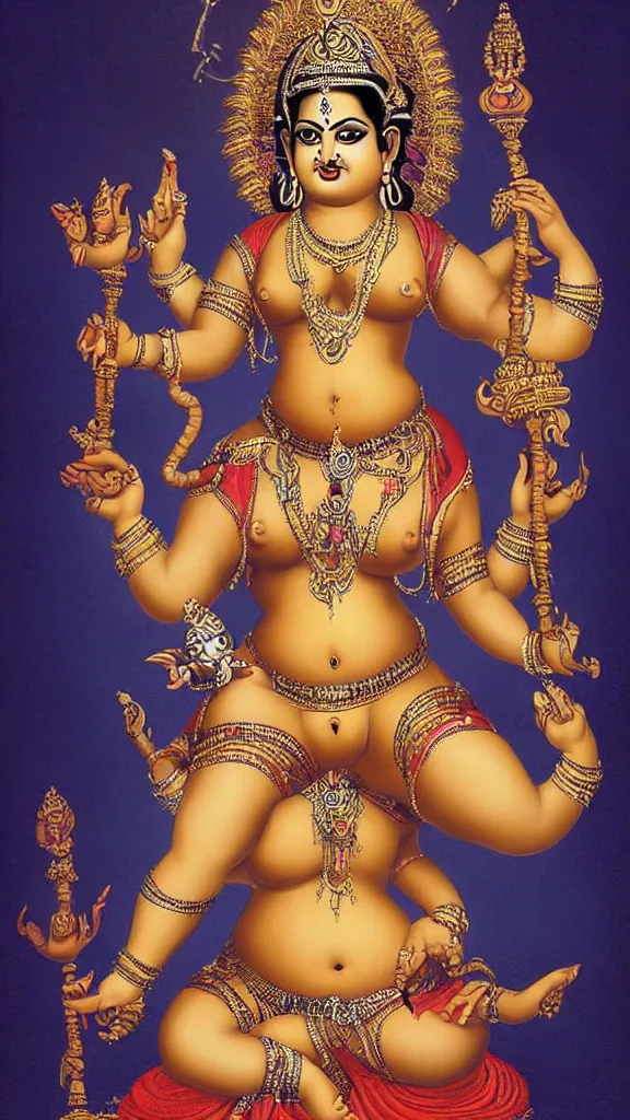 Image similar to curvy body of hindu goddess devi, holding a skull on one hand and trident on another, posing for playboy photoshoot