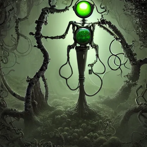 Prompt: Highly sophisticated microcosmic mechanical steampunk character with two robotic arms with five fingers and two short mechanical legs and two (((glowing))) eyes and one large head in mystical forest with glowing algae in the tree trunks and vines hanging from the branches, haunted, creepy ambiance, desaturated, fog, sharp focus, magical, refined, beautiful, eerie, artsy