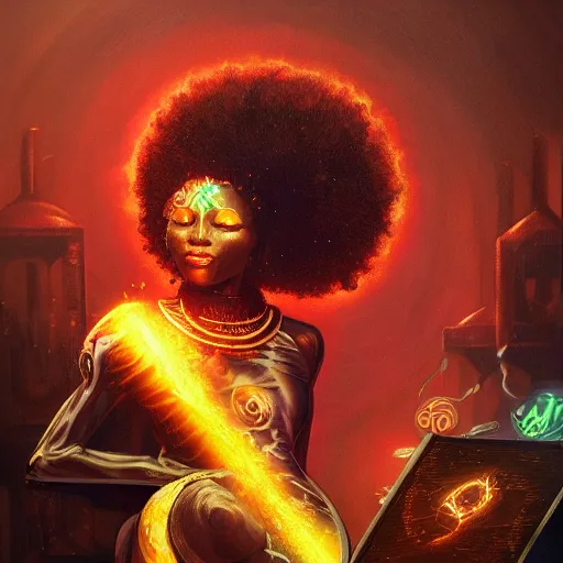 Image similar to afrofuturistic techno - mage uploading ancestral knowledge to the uni - mind interface, dark fantasy, occult, high - quality, surrealist oil painting, artstation