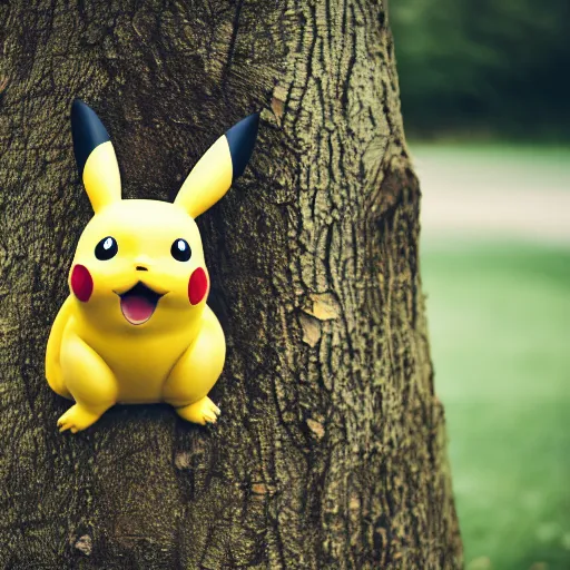 Image similar to high quality photo of pikachu hiding behind a tree, photography 4k, f1.8 anamorphic, bokeh, 4k, Canon, Nikon