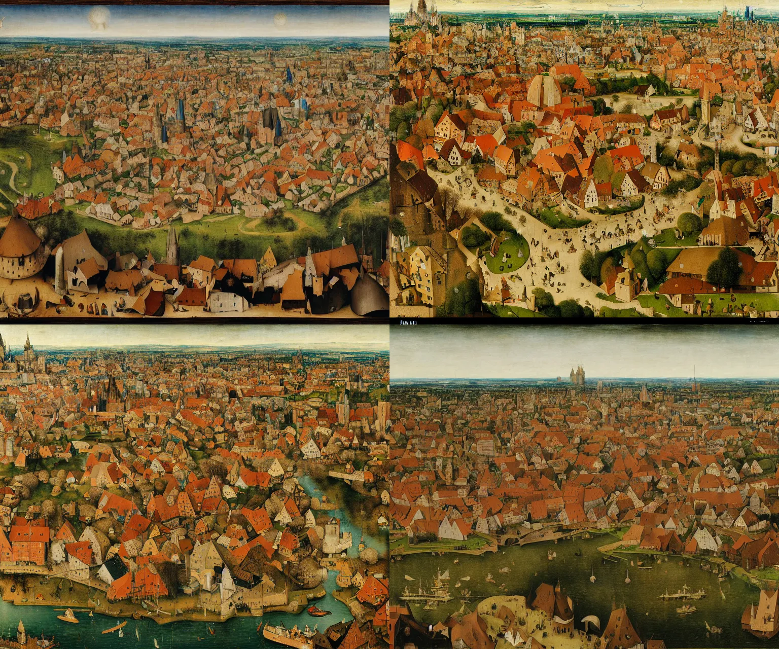 Prompt: a painting of a view of the city of nuremberg by john blanche, pieter bruegel the elder, hieronymus bosch, highly detailed, oil on oak wood