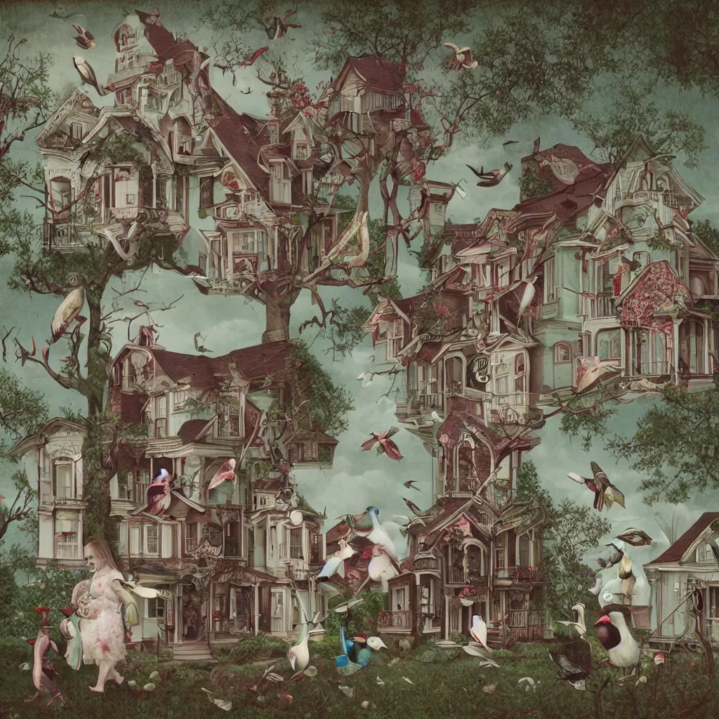 Image similar to anamorphic birds walking past a house, lowbrow surrealistic, in the style of Mark Ryden,