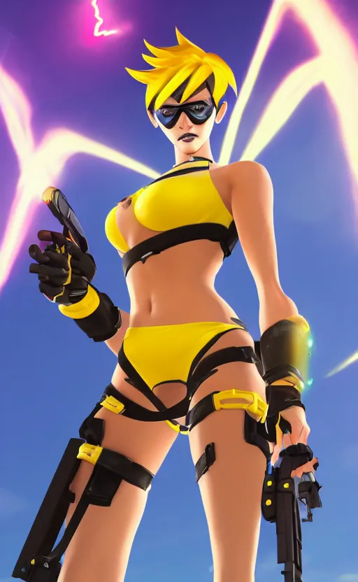 Image similar to tracer game character, in yellow bikini, blonde hair, black eyes, full height