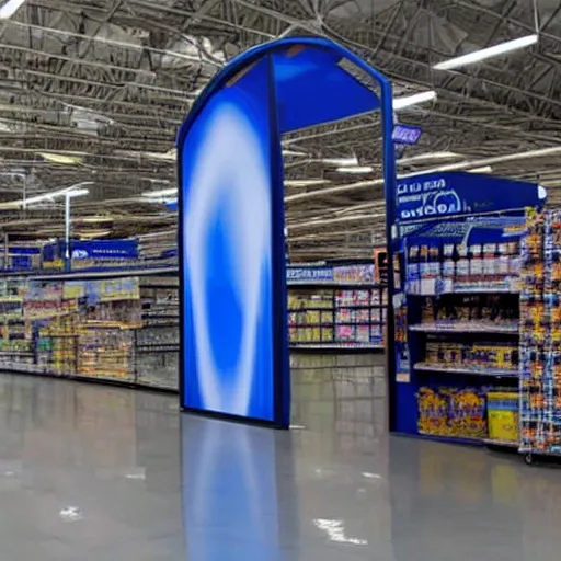 Prompt: a blue portal opening in the middle of a walmart aisle